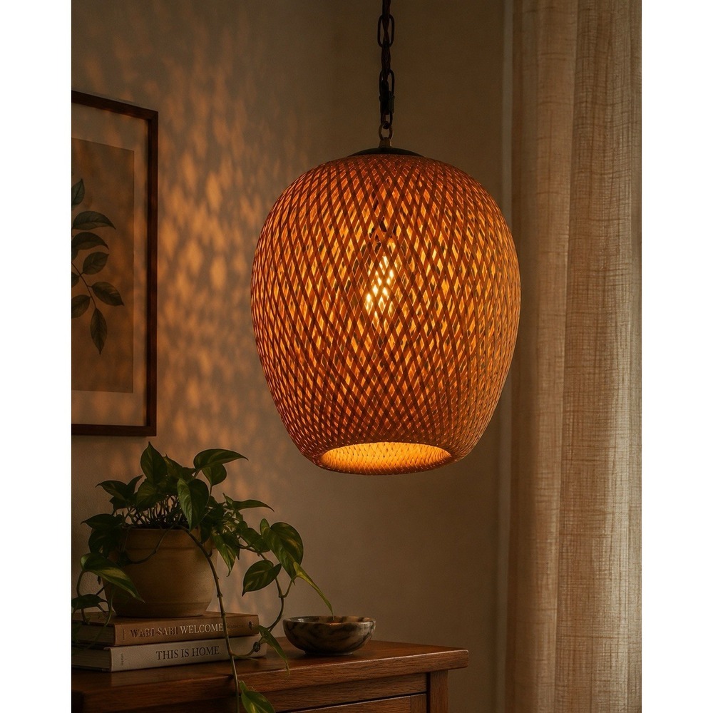 Vintage Woven Bamboo Swag Pendant Light MCM Boho Teardrop Hanging Lamp plug in
